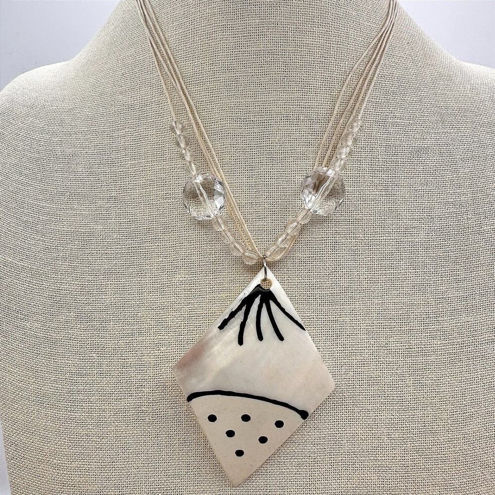 Vintage 90s Multi Stand Beaded Hand Painted Mother-of-Pearl Pendant Necklace